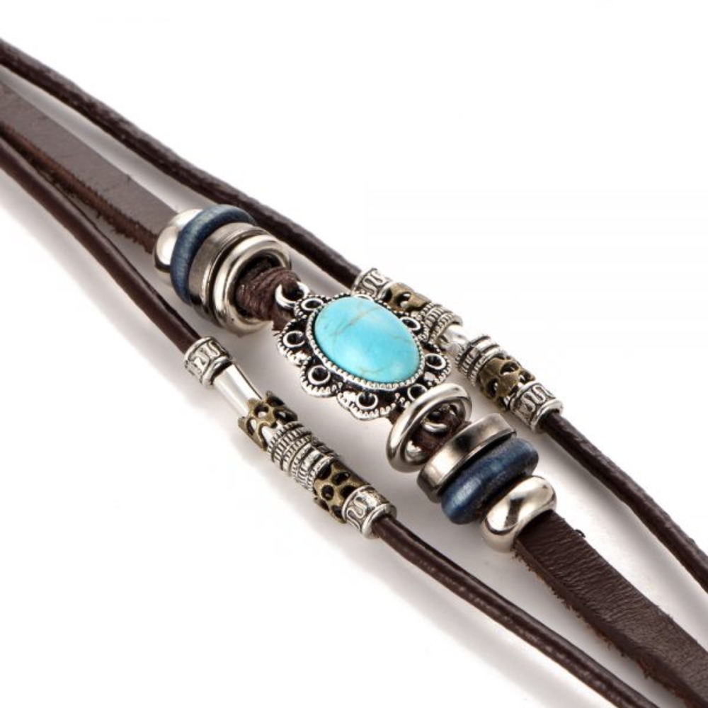 Vintage Boho Turquoise Oval & Leather Wrap Bracele - Picture 2 of 2